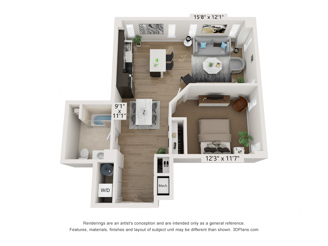 Floor plan for 1 bed, 1 bath, 784 sqft